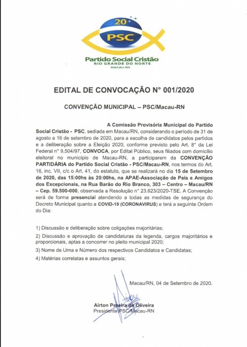 CONVENÇÃO DO PARTIDO SOCIAL CRISTÃO – PSC SERÁ REALIZADA NO DIA 15 DE SETEMBRO