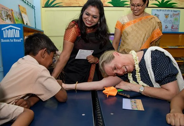 Countess Sophie wore ARoss Girl printed dress in cotton polka dot in navy. Girls Senior Secondary institution