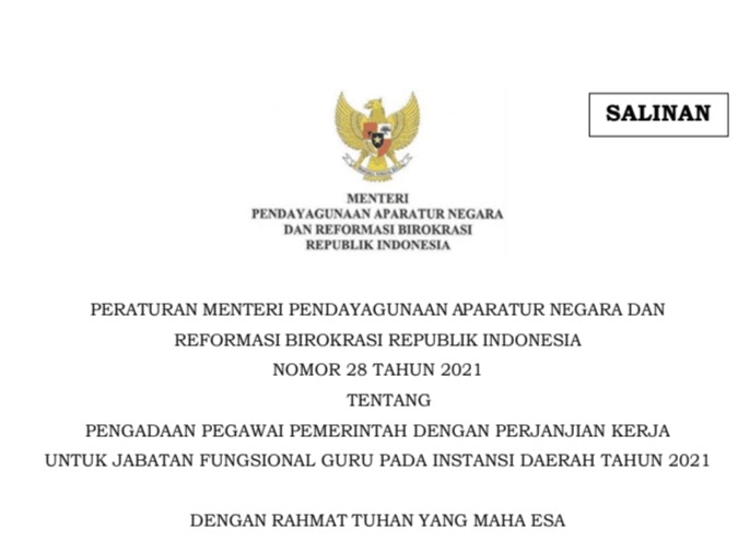 Permenpan Rb Republik Indonesia Nomor 28 Tahun 2021 Tentang Pengadaan Pegawai Pemerintah Dengan Perjanjian Kerja Untuk Jabatan Fungsional Guru Pada Instansi Daerah Media Brita Rakyat