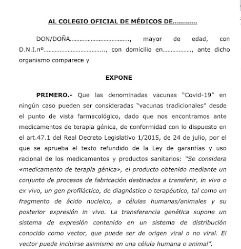 DESCARGA MODELO DE ESCRITO DE DENUNCIA PERSONAL AL COLEGIO OFICIAL DE MÉDICOS POR EXPERIMENTACION GENICA CON LA VACUNACION COVID-19 DESCARGA MODELO DE ESCRITO DE DENUNCIA PERSONAL AL COLEGIO OFICIAL DE MÉDICOS POR EXPERIMENTACION GENICA CON LA VACUNACION COVID-19