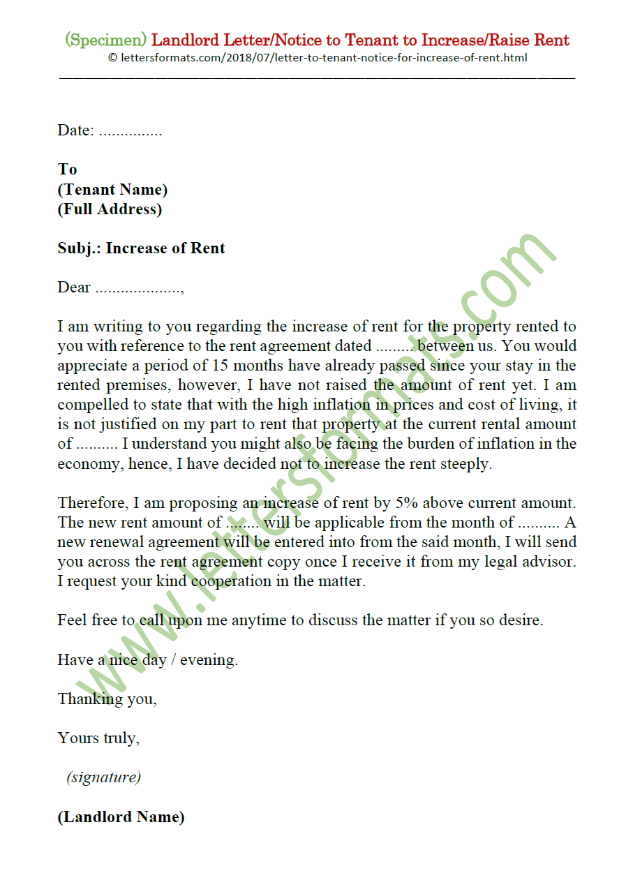 Sample Letter from Landlord to Tenant to Increase Rent