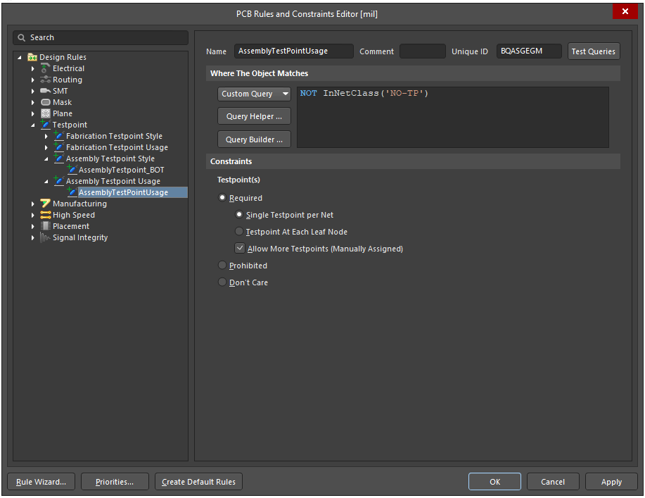 Altium PCB Designer Test Point Manager Design Rules
