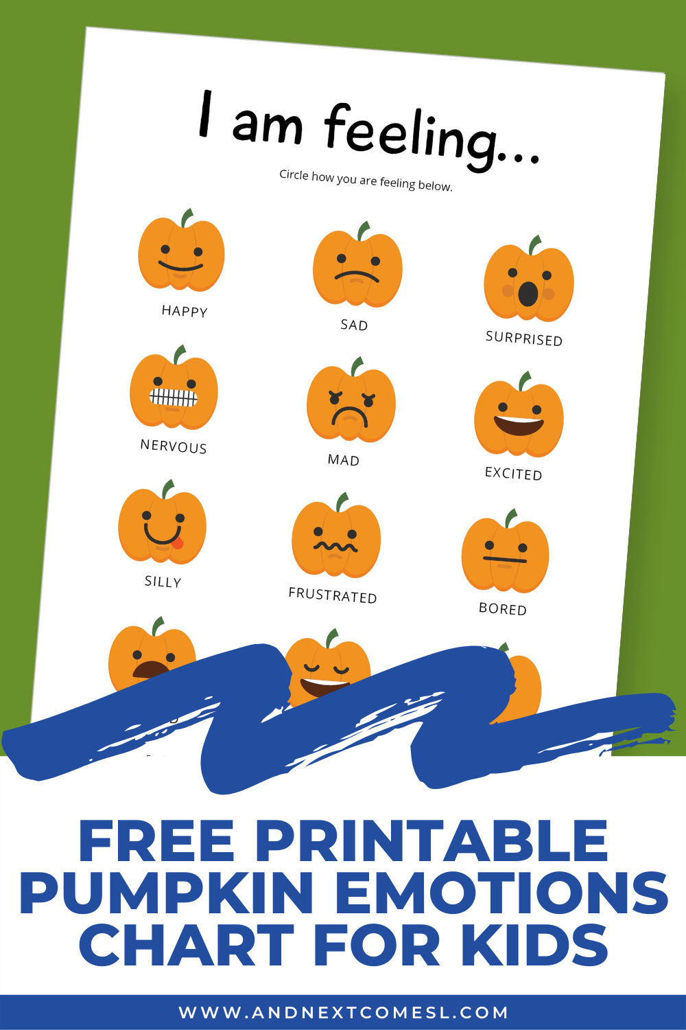 Free printable pumpkin emotions chart for kids - perfect for Halloween!