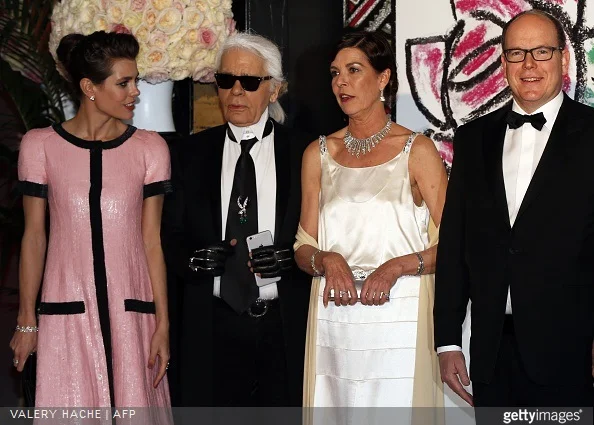 Charlotte Casiraghi, Karl Lagerfeld, Princess Caroline of Hanover and Prince Albert II of Monaco arrive for the annual Rose Ball at the Monte-Carlo Sporting Club in Monaco