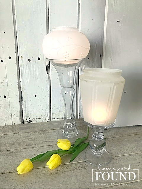 vintage glass light globes,candleholders,spring decor,spring decorating,vintage lighting,battery candles,vintage,up-cycling,re-purposing,lighting,thrifted,outdoors,salvaged,junk makeover,glass globes,DIY,diy decorating,decorating, flower vases,candles,salvaged materials, diy home decor