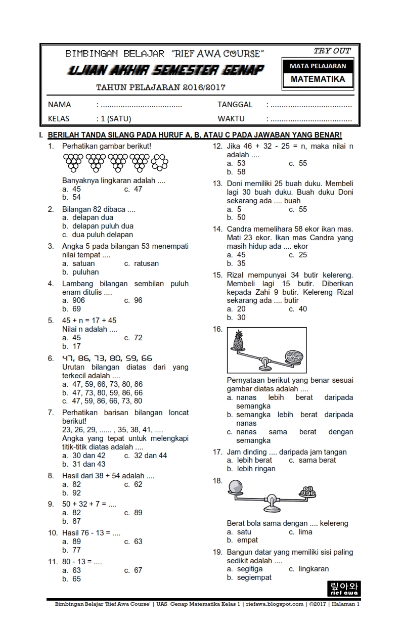 Kunci Jawaban Soal Matematika Kelas 5 Semester 1 : Soal UAS Matematika