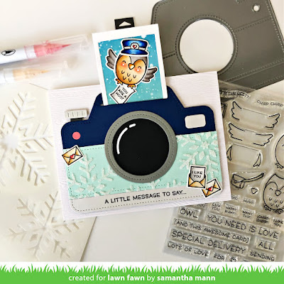 Winter Camera Interactive Card by Samantha Mann for Lawn Fawn, Magic Iris Camera, Interactive, Stencil, Snowflakes, Owl, Special Delivery, #lawnfawn #magiciriscamera #interactivecard #cardmaking #cards #specialdelivery #diecutting #pulltab