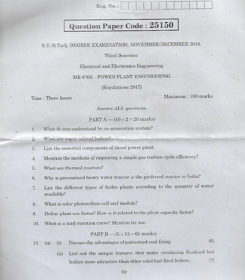 ME8792 Power Plant Engineering Nov Dec 2018 Question Paper University