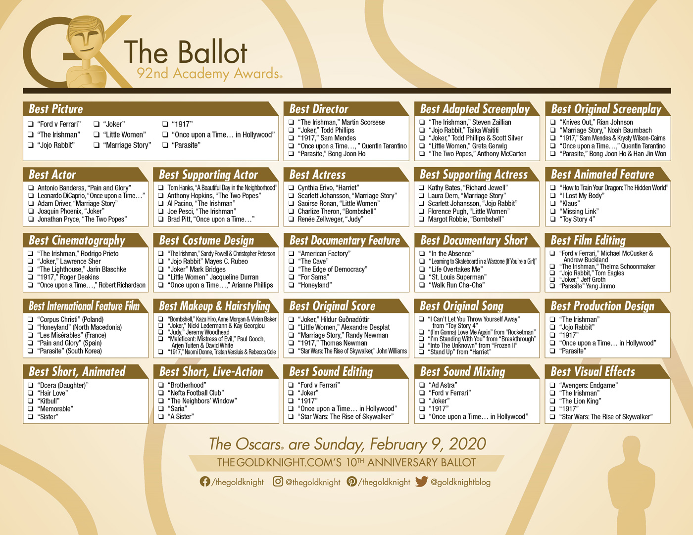 Your 2020 Oscar Party Essentials Printable Oscars ballot, checklist