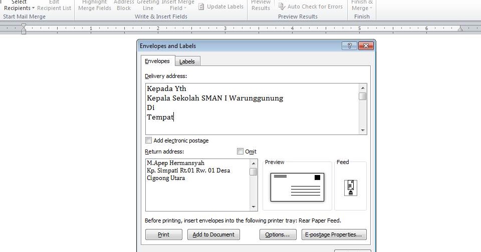 Cara print amplop di word 2010