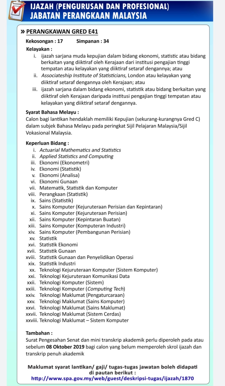 Jawatan Kosong Jabatan Perangkaan Malaysia 2019 - SUMBER 