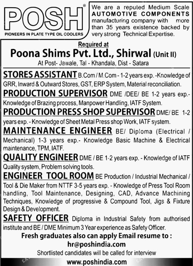 Urgent Openings for Freshers & Experienced Maintenance Engineer