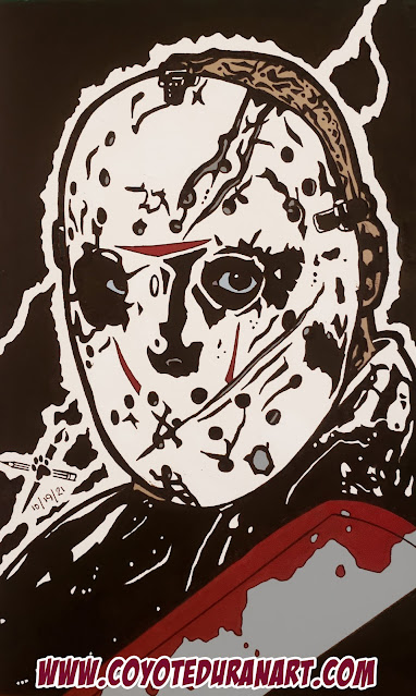 Jason Voorhees of "Friday the 13th." Micron pen (.05) Pentel Pocket Brush Pen, Sharpie roller pen (.05), red Sharpie and grey and brown Copic markers in a Daler Rowney sketchbook (5.5" X 8.5"). Art by Coyote Duran
