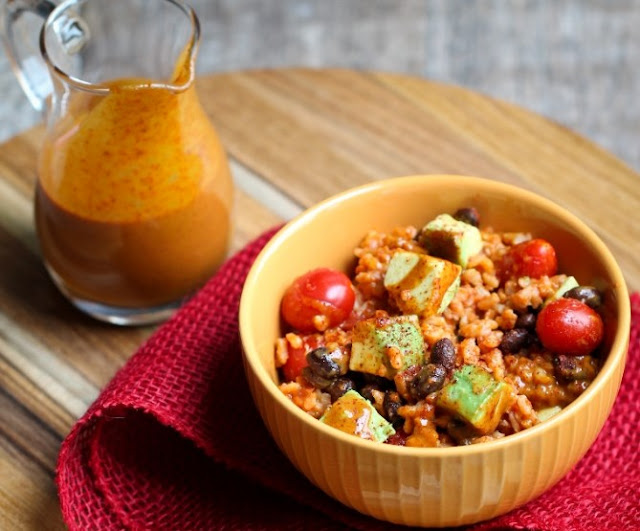 Rice, Black Bean and Avocado Bowl with Fat-Free Sweet Chili Mustard Sauce #vegetarian #dinner