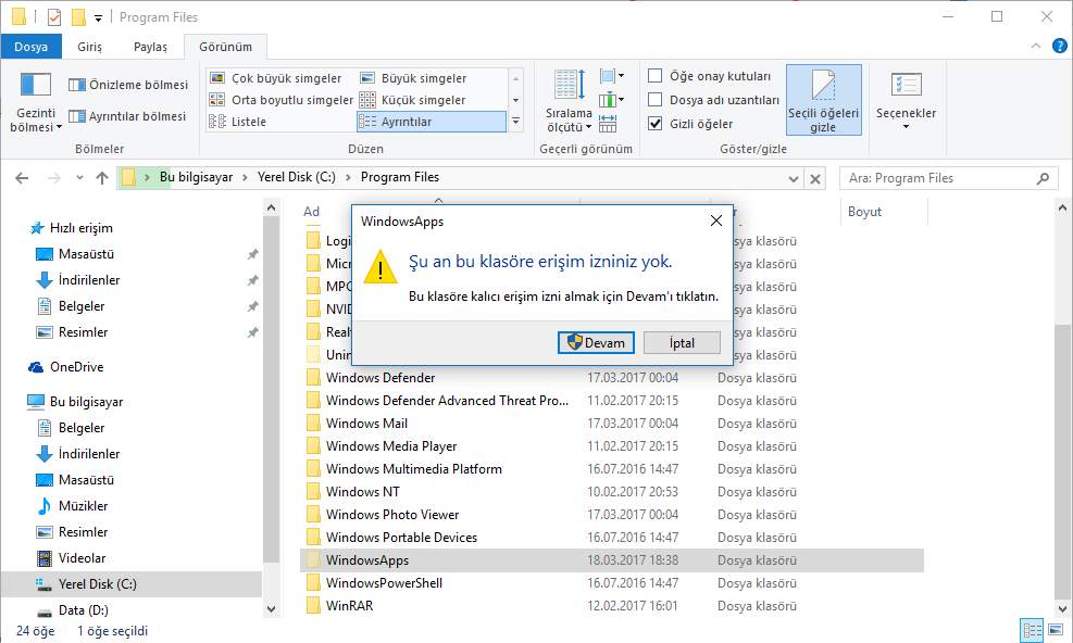 Windows 10�da WindowsApps Klasörünü Açma