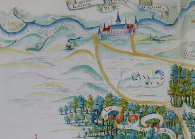Abbaye de Fontaine-Guérard - L'abbaye de Fontaine Guérard sur la carte de la forêt de Longboël dressée en 1565 sur ordre de Charles IX (Archives de France). La carte est orientée sud-nord.