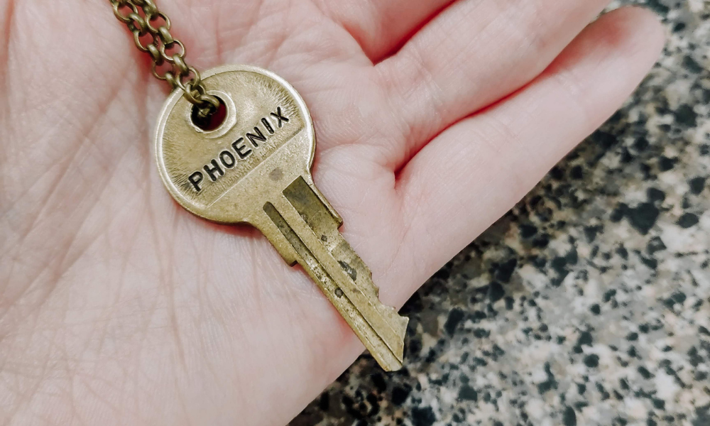 2020 word PHOENIX on a vintage key from etsy