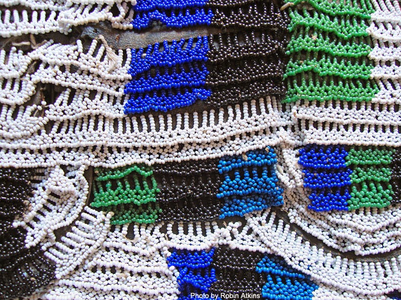 South African Zulu beadwork - man's apron - detail showing  beaded surface edge stitching