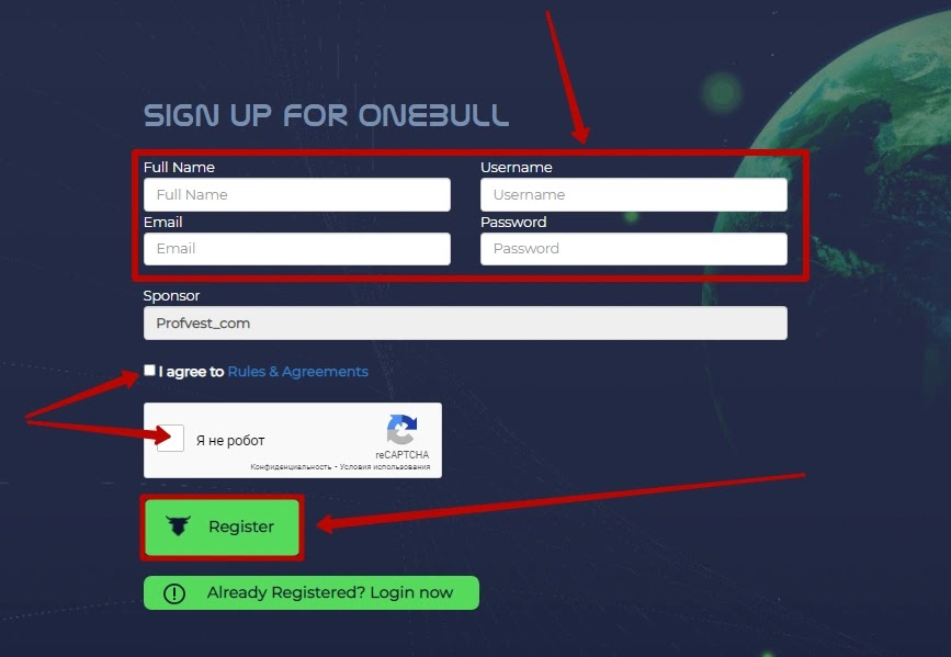 Регистрация в OneBull 2