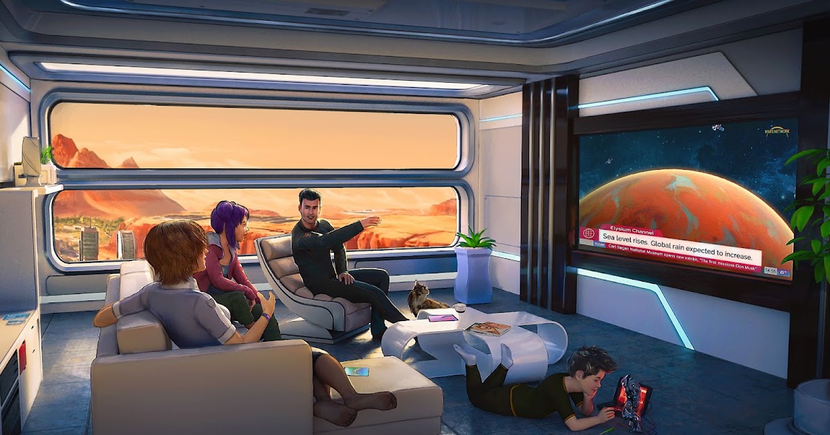 Family watching news on terraformed Mars