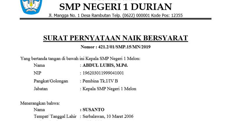 Surat Pernyataan Naik Kelas Percobaan Bersyarat untuk