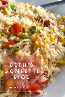 Beth's Confetti Rice:  Spicy sweet bell pepper, tender peas, crisp sweet corn, and sweet onion are combined with the heavenly rice and sprinkled with cilantro for extra flavor.  Amazing!  This is the PERFECT rice to serve with any grilled meat.  Slice of Southern