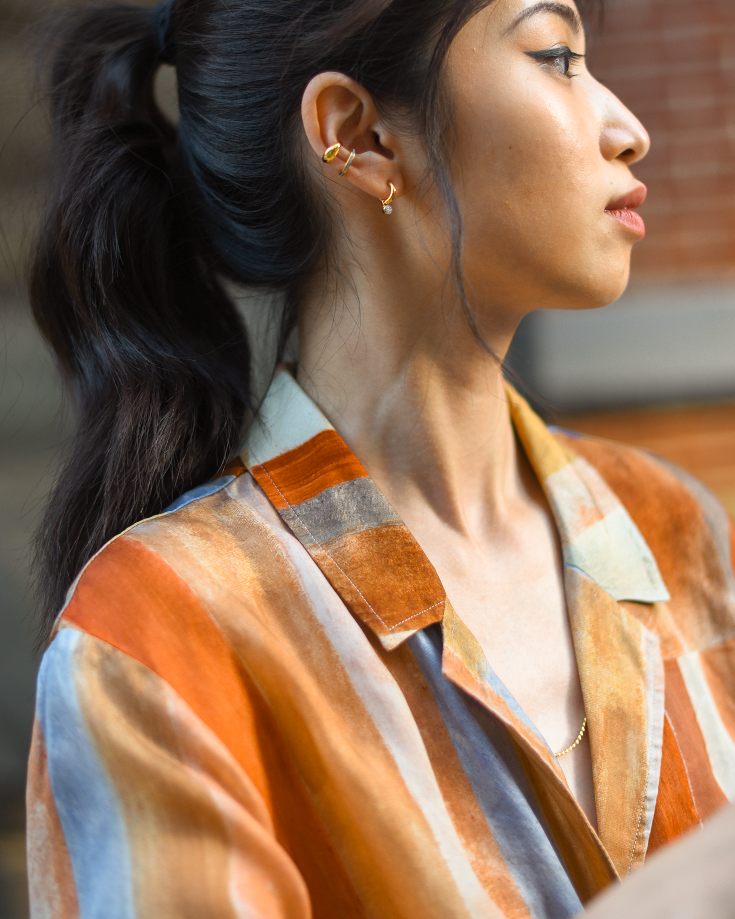 Aritzia Aries button up, gold tone jewelry, summer outfit ideas, rustic orange shirt, New York casual style - FOREVERVANNY.com