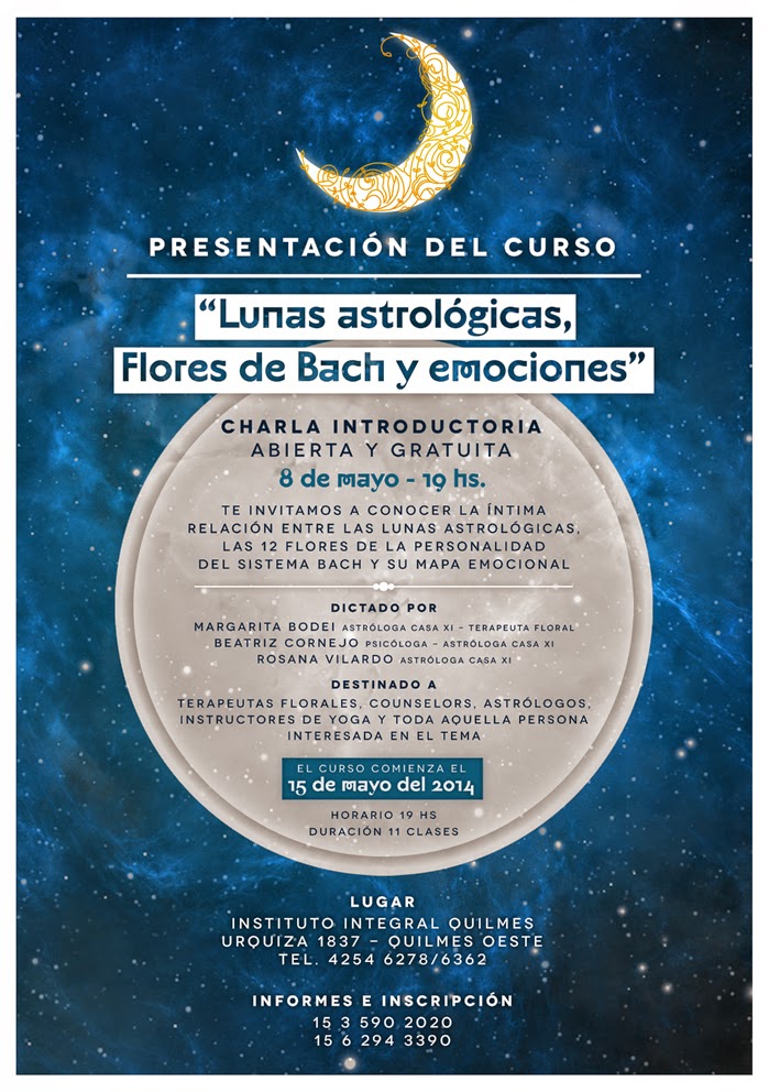 Flyer Presentacion del curso "Lunas Astrologicas, Flores de Bach y