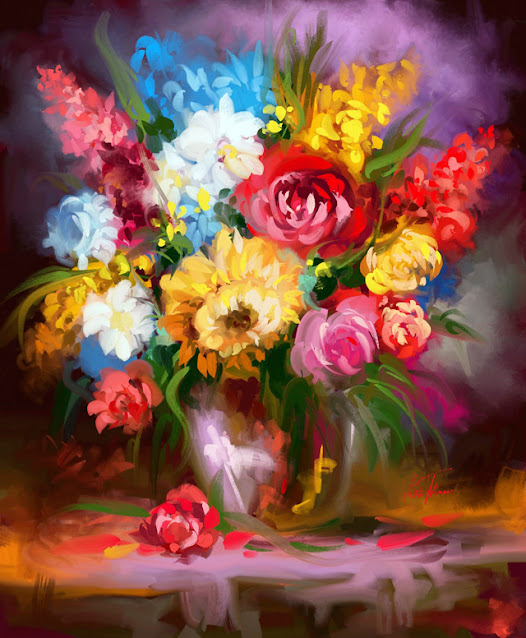 Spring bouquet in vase digital still life painting by Mikko Tyllinen