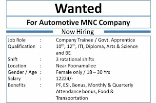 Automotive MNC Company Jobs Vacancy For 10th, 12th, ITI, Diploma, Arts & Science and BE Candidates