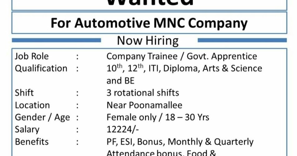 Automotive MNC Company Jobs Vacancy For 10th, 12th, ITI, Diploma, Arts & Science and BE