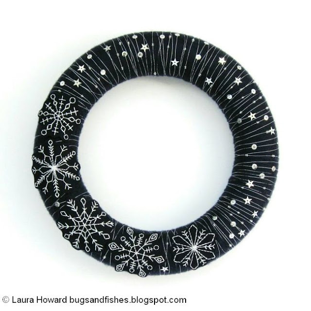 make an embroidered snowflake wreath for winter or Christmas