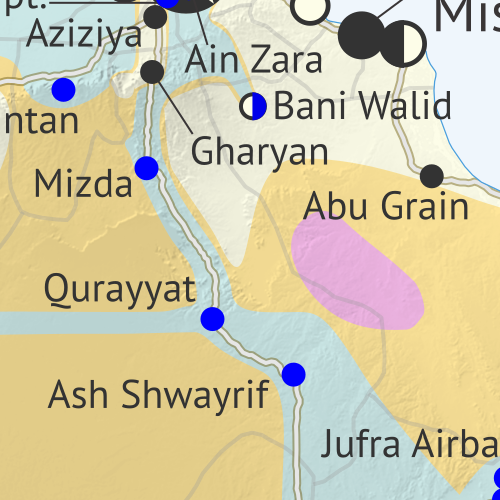 Libya: Who controls what? A concise, professional map of of who controls Libya now (July 2019). Shows detailed territorial control in the Libyan Civil War as of July 21, 2019, including all major parties (Government of National Accord (GNA); Tobruk House of Representatives, General Haftar's Libyan National Army (LNA), and allies; Tuareg and Toubou (Tebu, Tubu) militias in the south; the so-called Islamic State (ISIS/ISIL); and other groups such as the National Salvation Government (NSG) and religious hardline fighters). Includes terrain, major roads, and recent locations of interest including Gharyan, Murzuq, Tripoli International Airport, and more. Colorblind accessible.