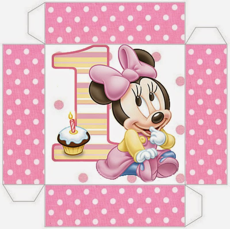 Minnie Primer Año con Lunares: Cajas para Imprimir Gratis. Este modelo es para hacer la invitación - cajita.