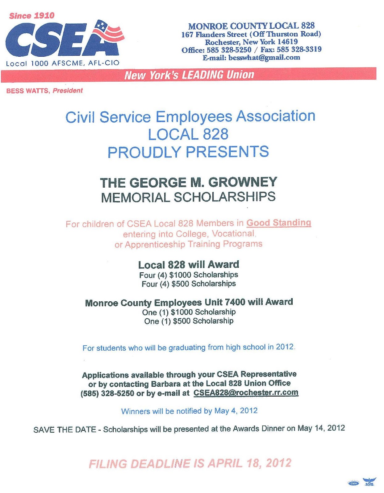 Voice Reporter CSEA LOCAL 828 MEMORIAL SCHOLARSHIPS NOW AVAILABLE