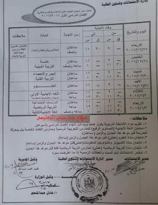 جدول سير امتحان الصف الاول الاعدادى نصف العام 2018 لمحافظة الفيوم