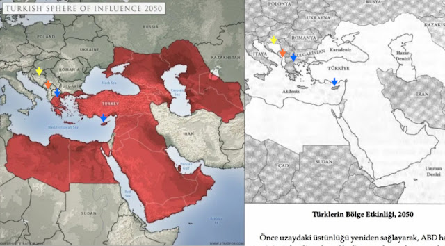 Χάρτης "Τουρκική σφαίρα επιρροής 2050". Πηγή: Τα επόμενα 100 χρόνια: Μια πρόβλεψη για τον 21ο αιώνα (τουρκική έκδοση)