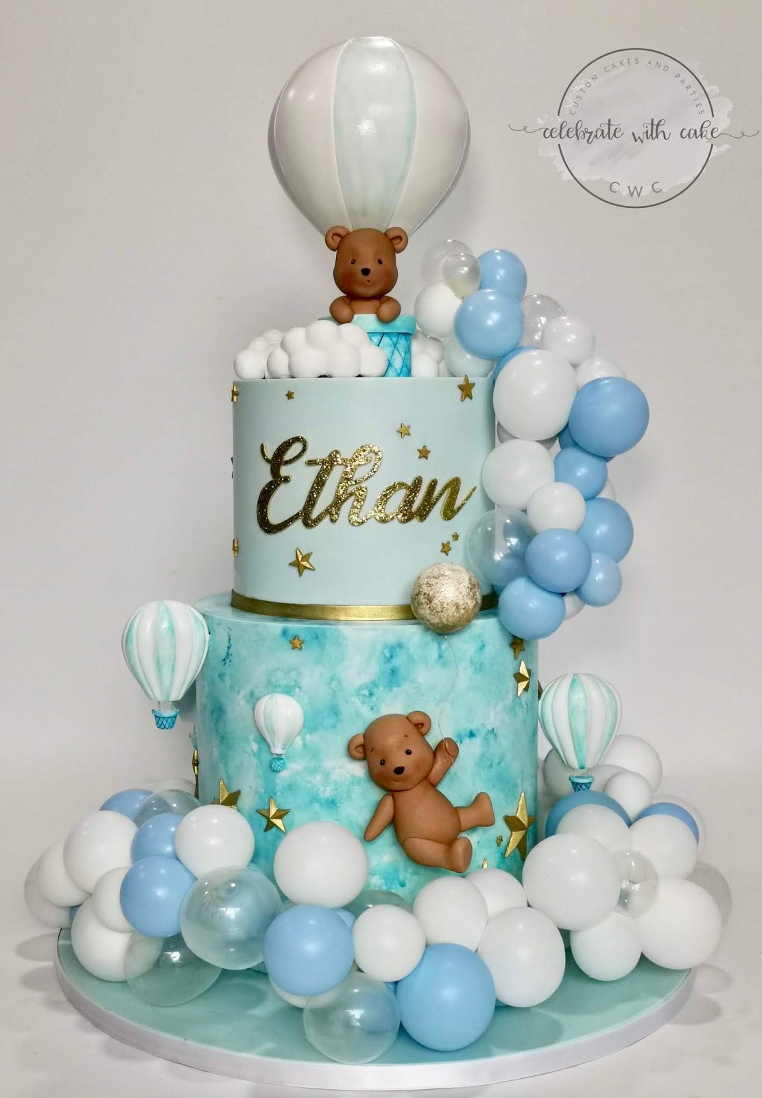 Teddy Bear Hotair balloon and Balloon garland 2 tier Cake
