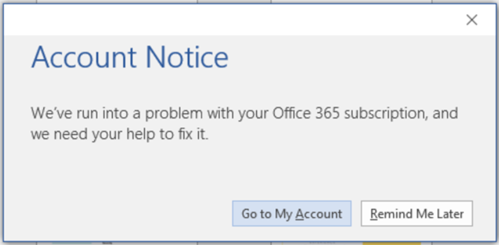 Mensaje de aviso de cuenta en su suscripción a Office 365