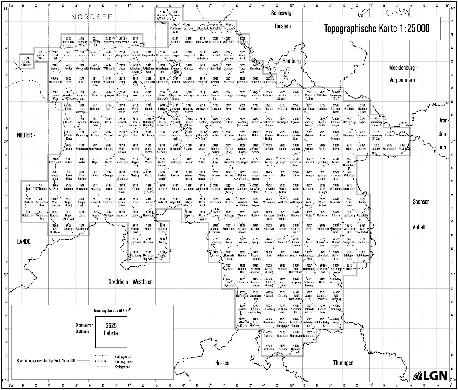 Topographische Landkarte von Niedersachsen 1:25.000 | Blattschnitte Index