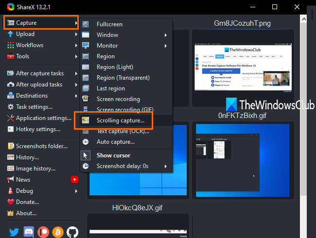 스크롤 캡처 도구가 있는 ShareX
