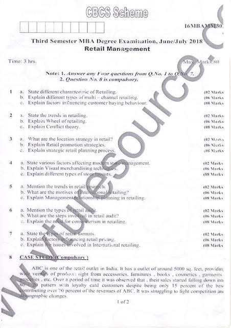 AR VTU MBA E-NOTES: VTU MBA 3rd sem question papers Retail Management
