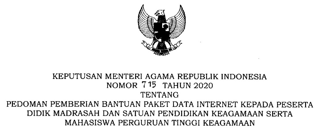 KMA Nomor 715 Tahun 2020 Tentang Pedoman Pemberian Bantuan Paket Data Internet Kepada Peserta Didik dan Mahasiswa