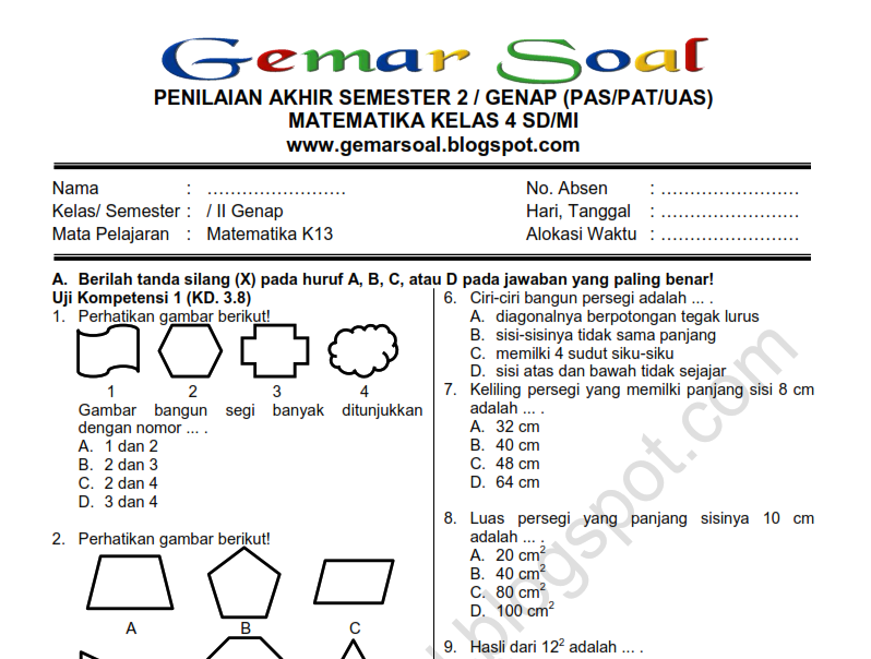 Download Soal PAT / UAS Matematika Kelas 4 SD MI Semester 2 Plus kunci