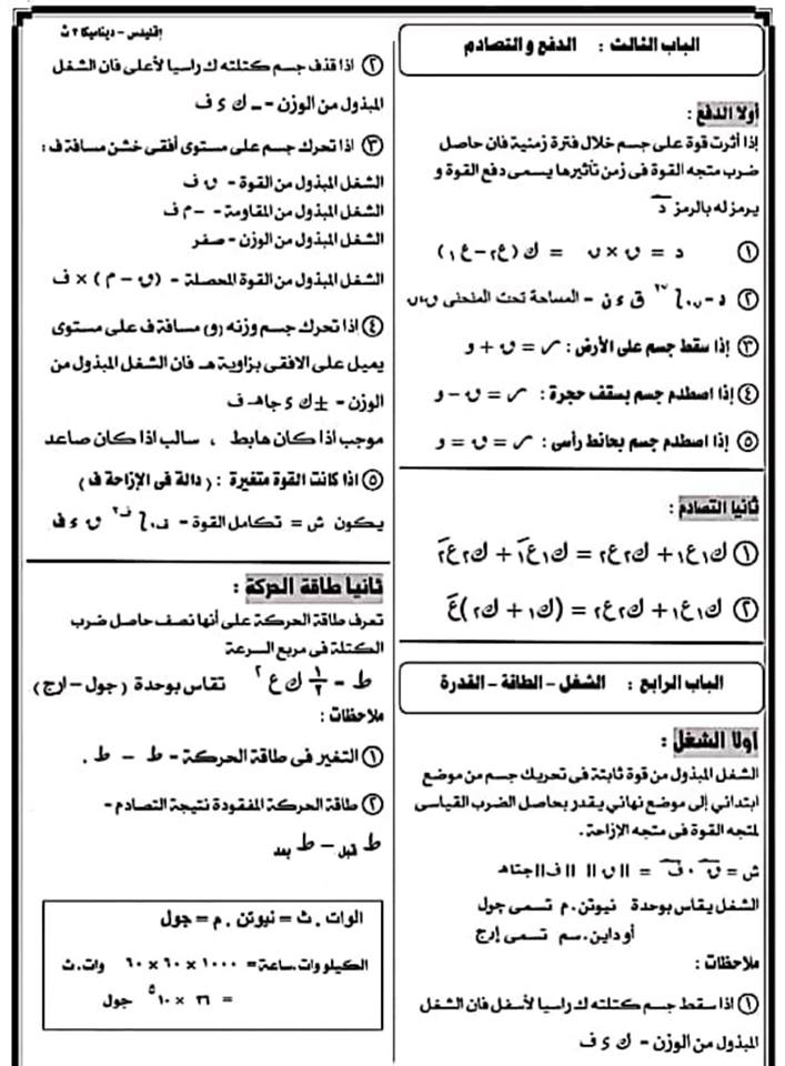 ملخص قوانين وملاحظات الديناميكا للصف الثالث الثانوي في 7 ورقات