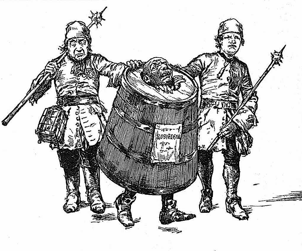 Hans Tegner illustration a Hans Tegner illustration of gurads and a prisoner in a barrel, legal public shaming