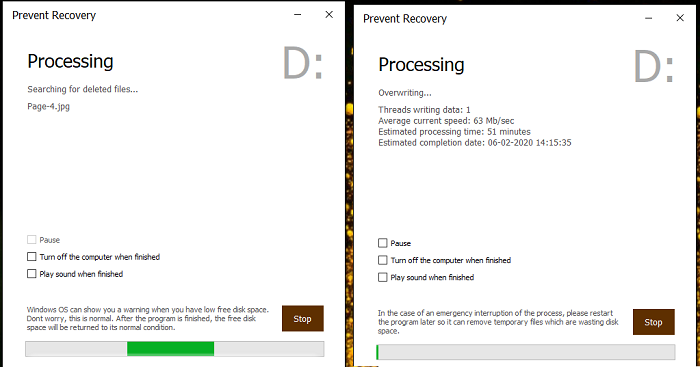 Sovrascrittura di file con Prevent Recovery