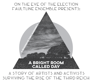 Logo with text: "On the eve of the election Faultline presents a reading of Tony Kushner's A Bright Room Called Day, a story of artists and activists surviving the rise of the Third Reich"
