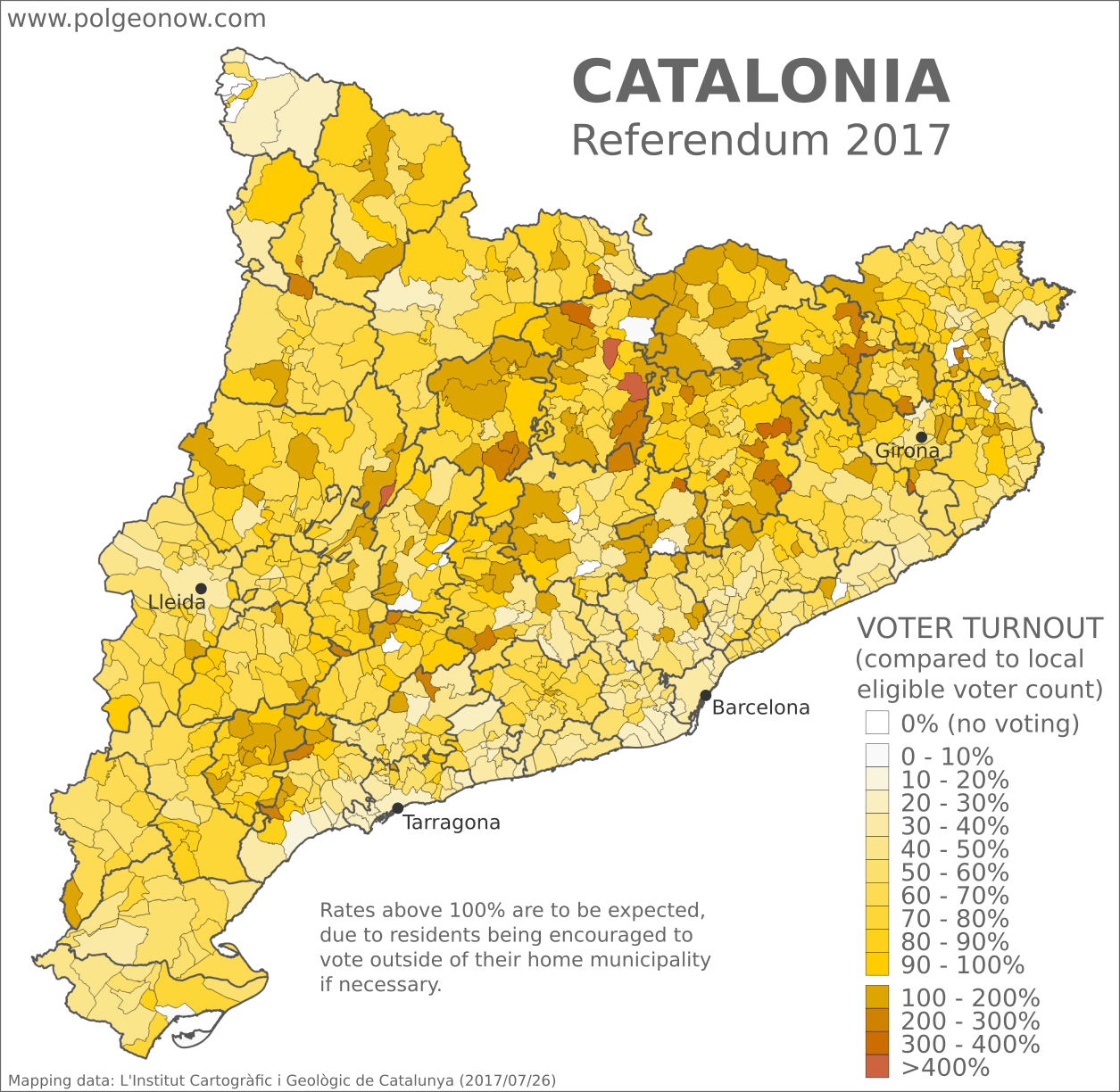 Catalan referendum 2017 map: Detailed, municipality-level map of reported voter turnout in Catalonia's disputed October 2017 referendum on independence from Spain. Labels cities of Barcelona, Tarragona, Lleida, and Girona. Boundaries of comarques (comarcas) shown. Colorblind accessible.