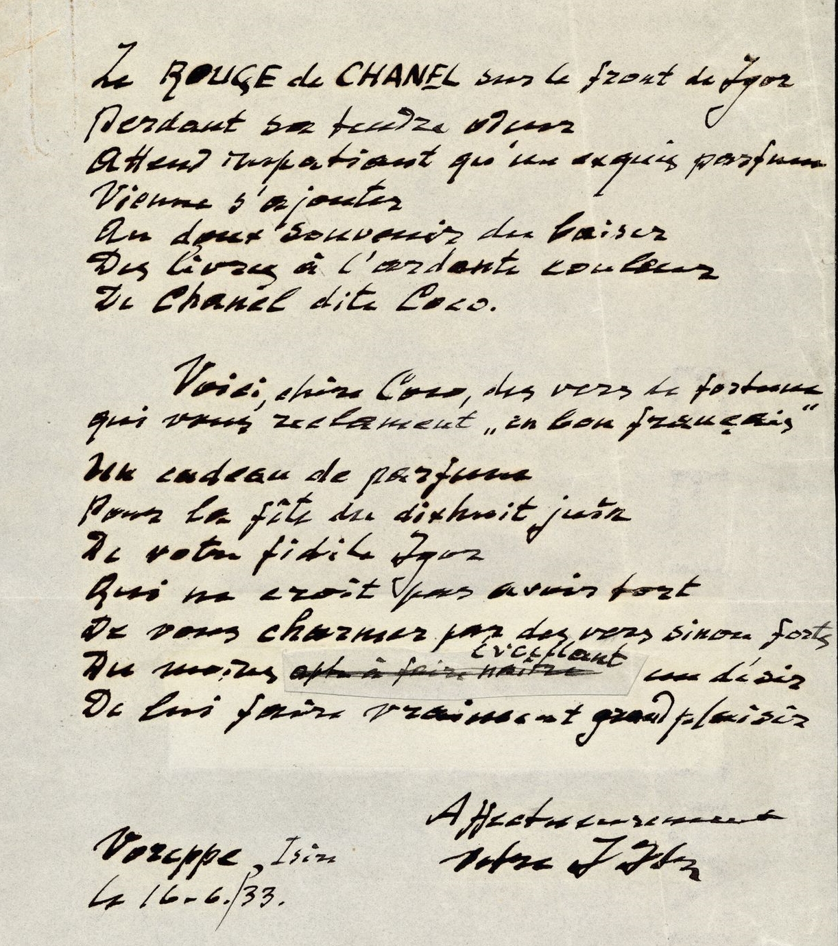 Love letter from Igor Stravinsky to Coco Chanel, 1933, Tutt'Art@